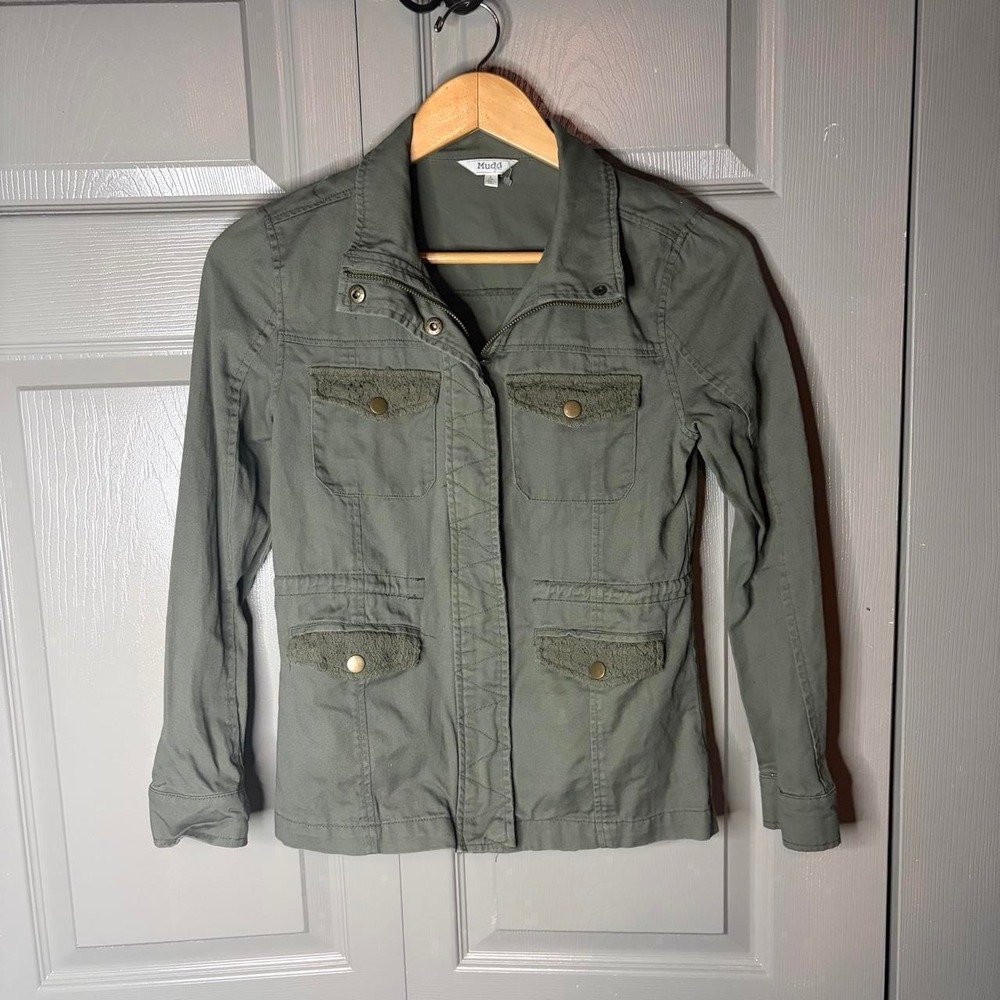 Mudd Womens Y2K Military Utility Jacket Green Lace Trim Button Up Size L 14